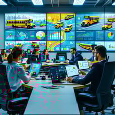 The image depicts a modern control room bustling with activity where multiple screens display live feeds of school bus routes GPS tracking maps and realtime traffic updates A diverse team of transportation coordinators is engaged in animated discussi-1