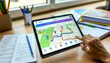The image showcases a sleek modern interface of a school bus routing software application displayed on a tablet The screen features a vibrant map with highlighted bus routes pinpointed student locations and various icons representing stops and traffi