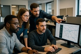 photographic people gathered in an office at their computers troubleshooting routing software