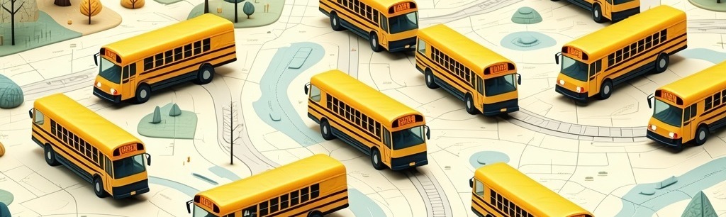 school buses moving in different directions on a county map-1