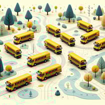 school buses moving in different directions on a county map