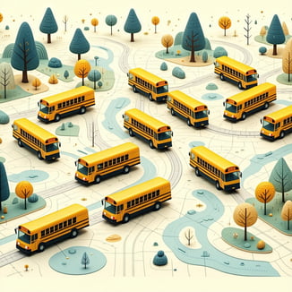 school buses moving in different directions on a county map